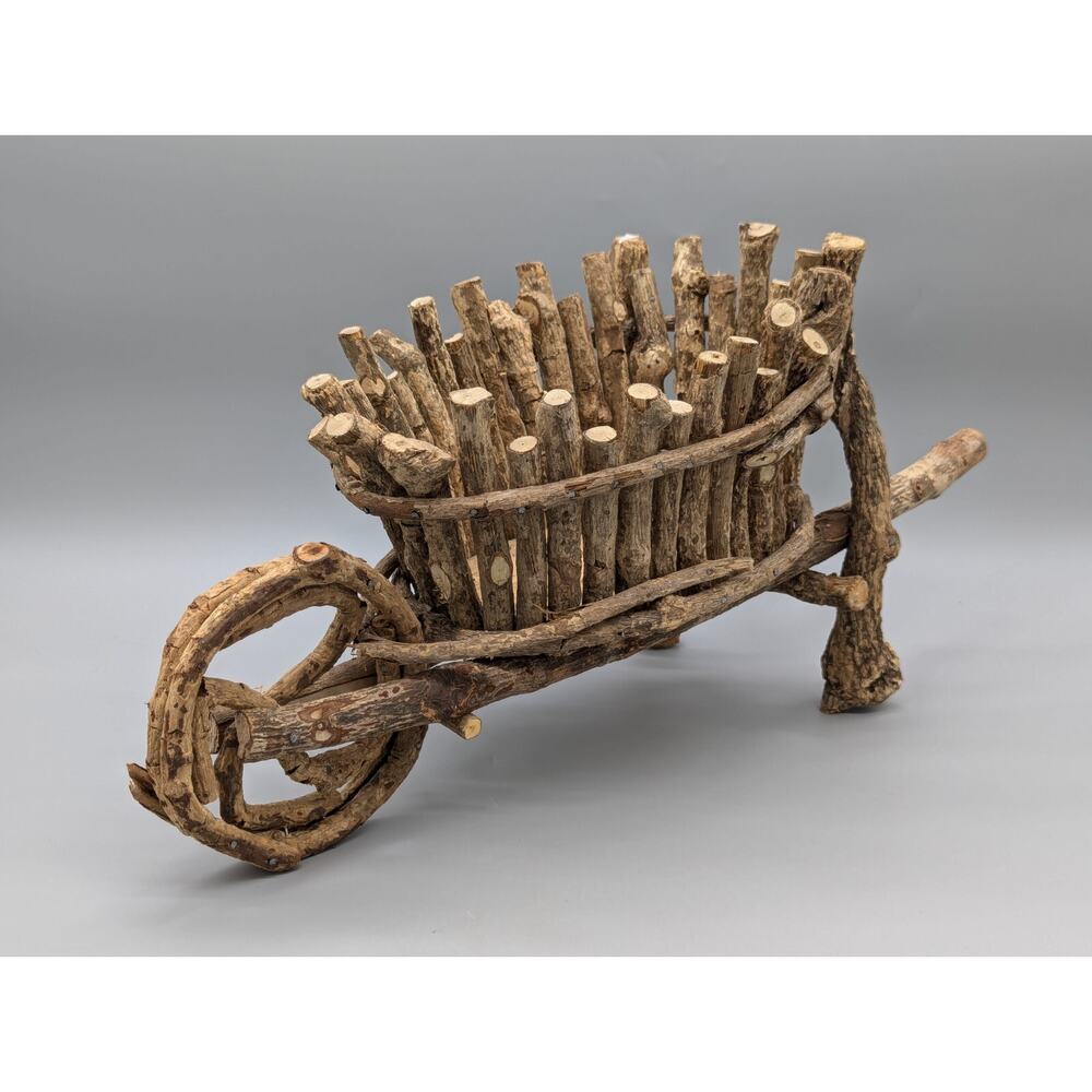 Vintage Hand Made Wood Working Driftwood Stick Logs Wheel Barrow 21" x 10" - Picture 4 of 13
